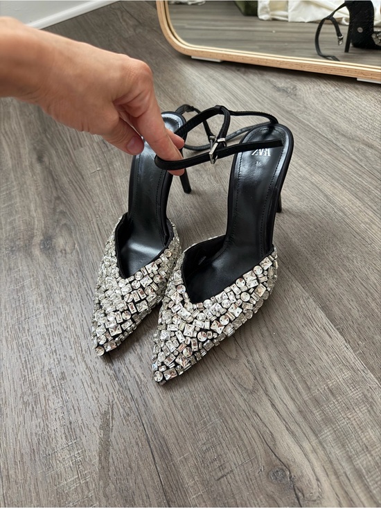 Zara Shoes - Zara Black Ankle-Strap Pointed Heels with Silver Crystal Embellishments